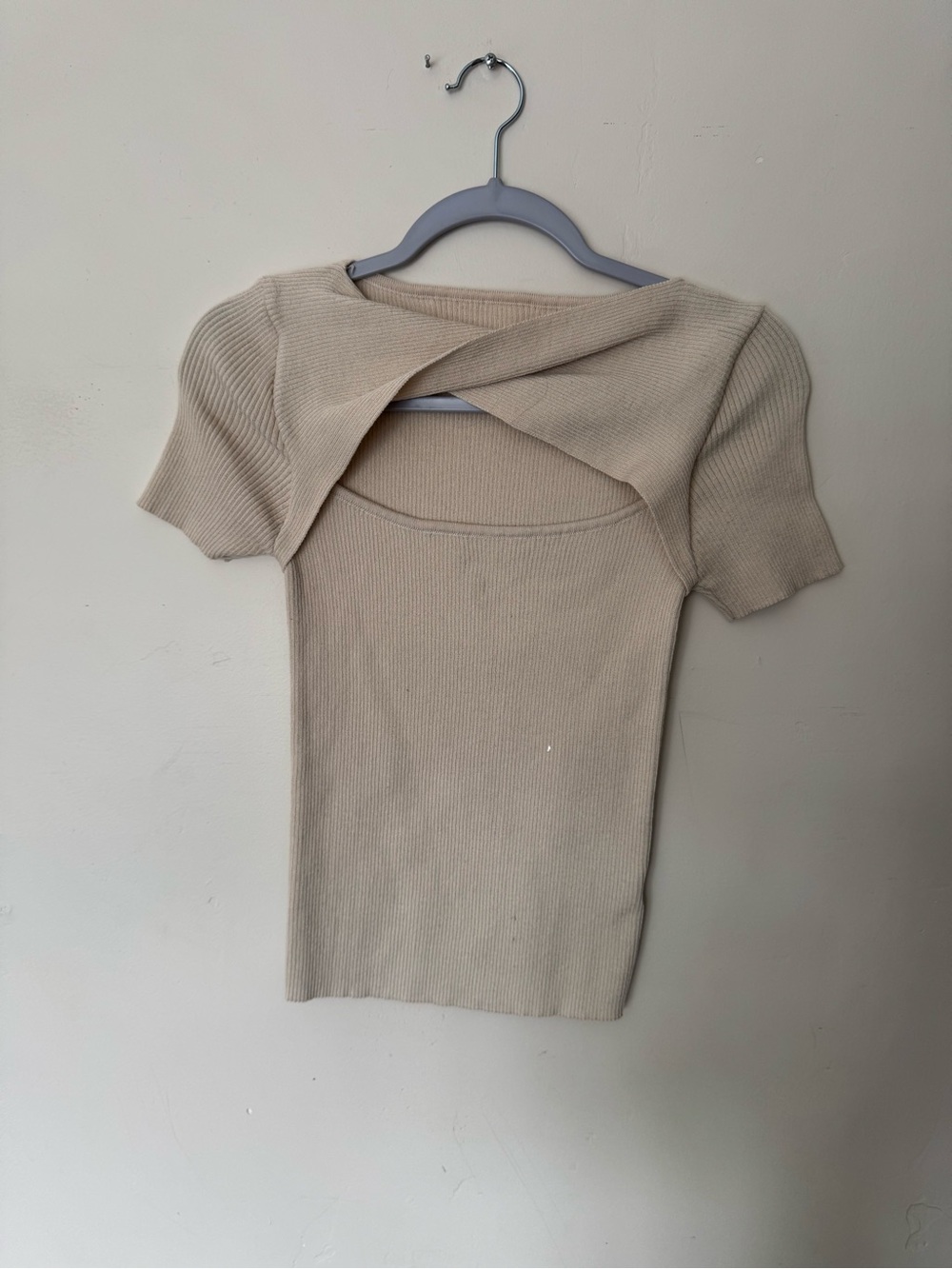 Shein Beige Ribbed Twist-Front Short Sleeve Top - Women